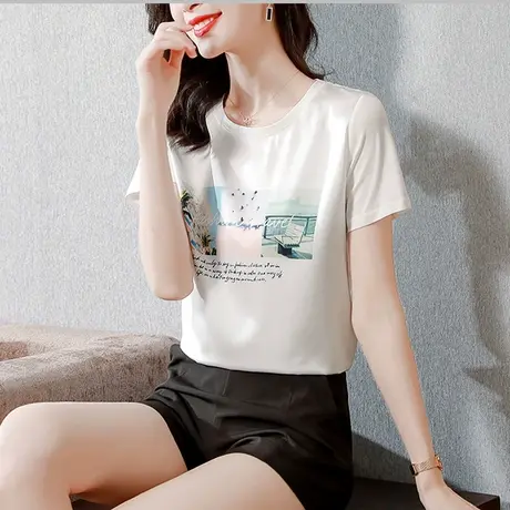 白色短款T恤女夏装2023年新款夏季衣服短袖印花上衣真丝时尚女衫商品大图