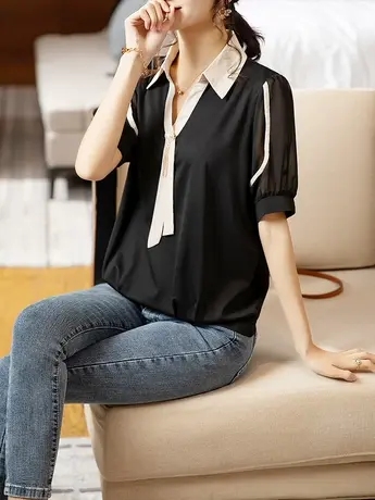 短袖雪纺衬衫女夏装2023新款中年妈妈衬衣假两件v领时尚女装上衣商品大图