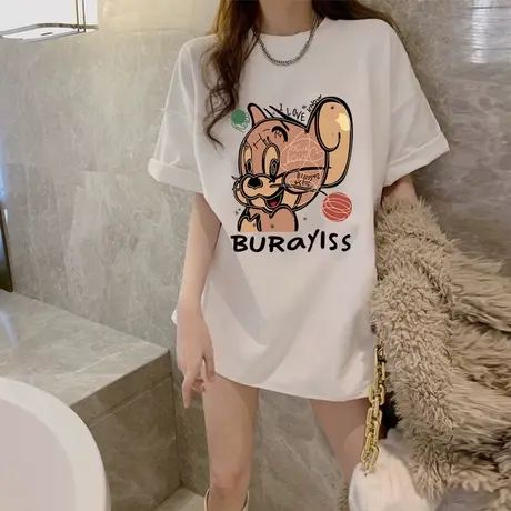 短袖t恤女2023新款夏季杰瑞设计感小众宽松大版中长款纯棉上衣潮商品大图