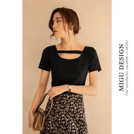 弥古设计感小众镂空圆领t恤女黑色短袖显瘦短款高腰上衣针织棉夏图片