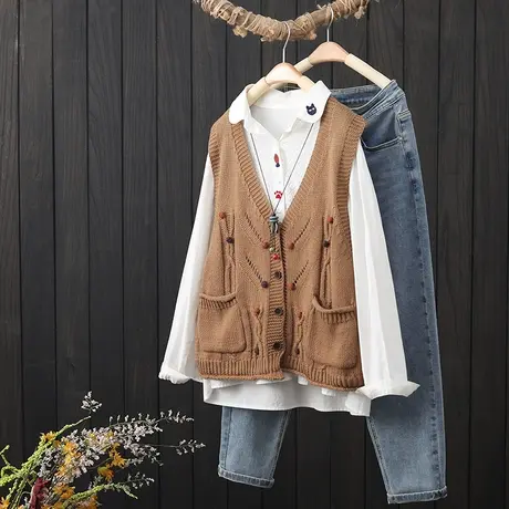 棉线针织开衫马甲女士2022秋季新款文艺复古宽松V领无袖坎肩背心图片