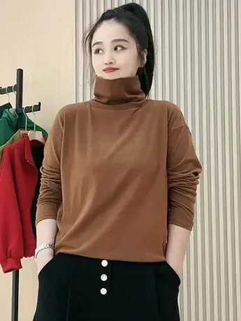 2023新款长袖T恤女秋季时尚百搭高领休闲上衣简约宽松小众打底衫图片