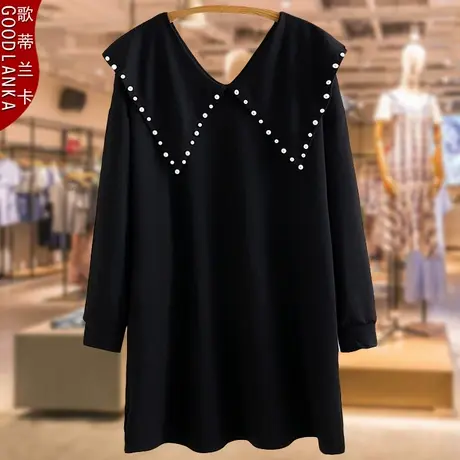 母亲节礼物中年妈妈洋气连衣裙秋装加肥加大码女黑色V领钉珠裙子图片