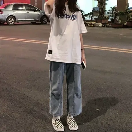 美式复古短袖t恤女夏季大码宽松韩版bf慵懒风chic港味上衣服ins潮图片