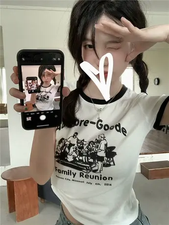 大码短袖T恤女20024年新款夏季撞色字母印花修身显瘦辣妹短款上衣商品大图