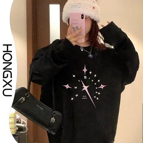 红续韩系学院风小众设计感印花上衣2023秋冬新款加厚圆领长袖百搭图片