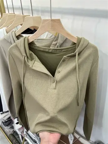 宽松运动连帽衫纯色长袖针织衫女2023早秋螺纹休闲减龄上衣打底衫商品大图