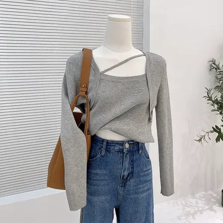 假两件方领针织打底衫女春秋内搭高级感洋气bm风甜辣长袖短款上衣商品大图