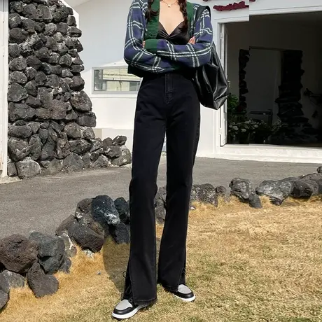 港味微喇开叉牛仔裤女2023年春秋新款直筒宽松显瘦chic拖地长裤潮商品大图