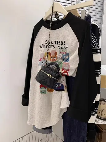 美式复古chic长袖T恤女秋季新款小个子拼接设计感ins潮大码薄上衣商品大图