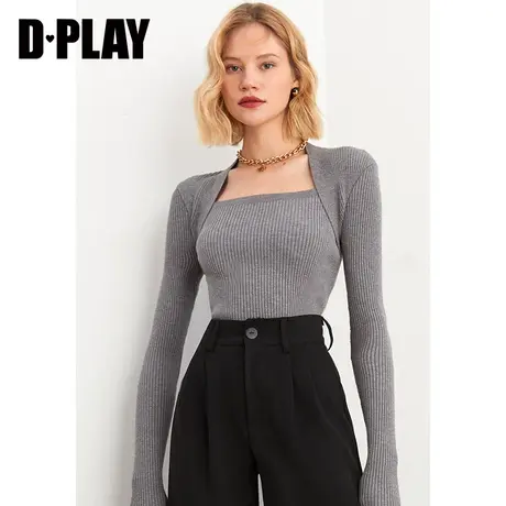 DPLAY秋装新简约时尚花灰色美背方领针织长袖上衣修身打底毛衣商品大图