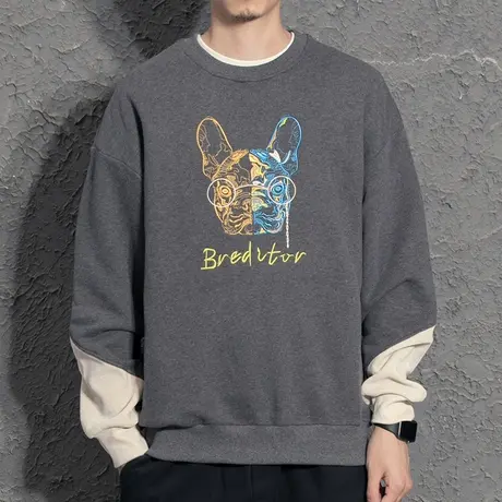 卡通刺绣灯芯绒拼接加绒卫衣男春秋2022新款韩版潮流潮牌百搭圆领商品大图