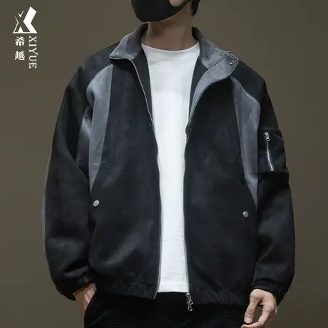 希越麂皮绒拼接撞色夹克男外套宽松大码美式棒球服秋冬季潮流百搭商品大图