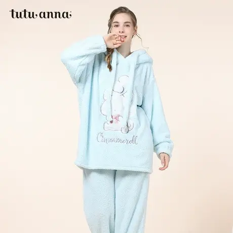tutuanna秋冬家居服 加厚保暖羊羔绒大耳狗印花连帽冬季睡衣套装商品大图