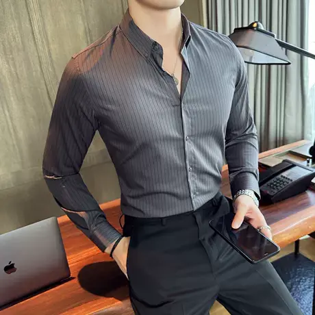 高级灰竖条纹显瘦衬衫男长袖秋冬无痕垂滑寸衣商务通勤痞帅上衣潮图片