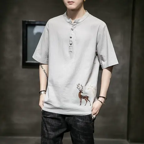 中国风男夏季短袖T恤冰凉圆领半袖潮流休闲上衣刺绣棉麻透气衣服商品大图