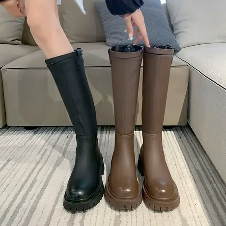 长筒靴女2023年冬季新款复古加绒不过膝靴网红爆款粗跟高跟骑士靴图片