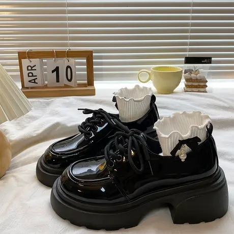 文艺复古黑色小皮鞋女厚底增高乐福鞋2023春秋新款百搭英伦小皮鞋图片