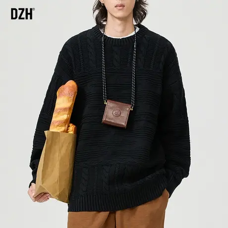 男士黑色圆领厚毛衣冬季男2024新款慵懒风男装情侣装秋冬上衣内搭商品大图