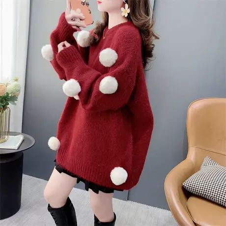 设计感软糯毛球红色圆领毛衣女秋冬外穿宽松慵懒风洋气减龄针织衫商品大图