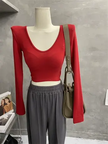 仓库清仓~春秋新款长袖t恤女低胸深V领垫肩短款性感打底衫上衣服图片