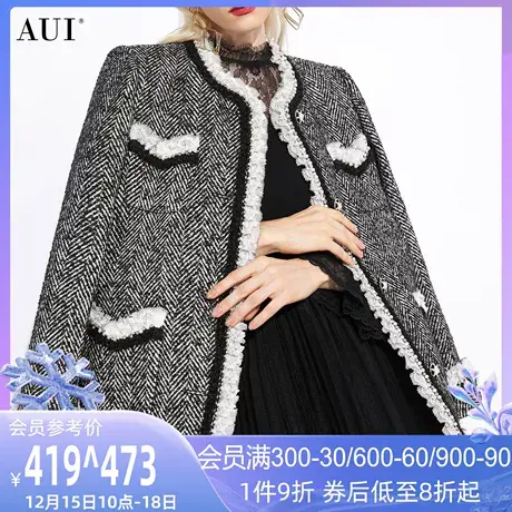 AUI黑色精致花边小香风外套女2023冬季新款气质高级感短款上衣厚商品大图