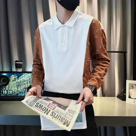休闲长袖POLO衫卫衣男士2023春秋季新款个性拼色设计重磅T恤上衣商品大图