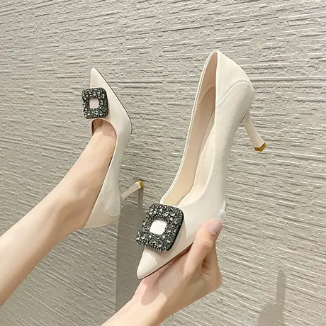 法式高跟鞋女细跟2024年新款水钻方扣细跟职业工作鞋时尚尖头单鞋商品大图