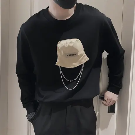 网红潮牌长袖T恤男ins春秋男装上衣立体帽子装饰痞帅休闲卫衣体恤商品大图