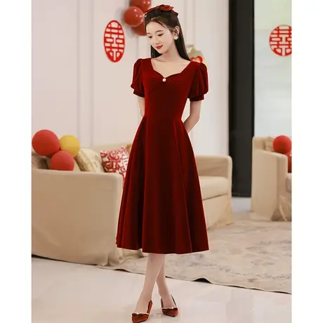 敬酒服新娘小个子中长款简单大气订婚礼服女夏季酒红色丝绒连衣裙商品大图