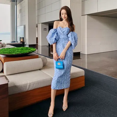 夏季性感抹胸包臀连衣裙修身显瘦法式轻礼服露肩背一字领印花裙子商品大图