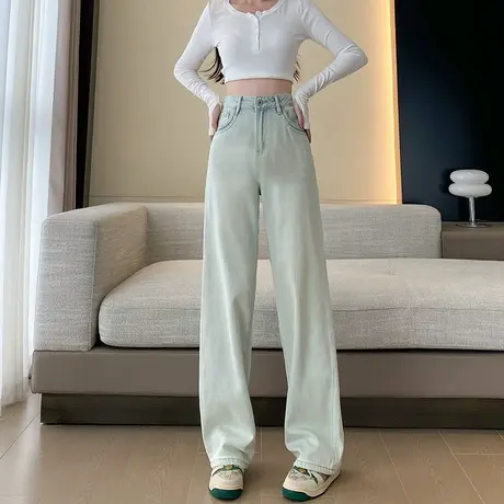 复古浅色阔腿牛仔裤女2024春秋新款高腰百搭宽松显瘦拖地直筒裤子商品大图
