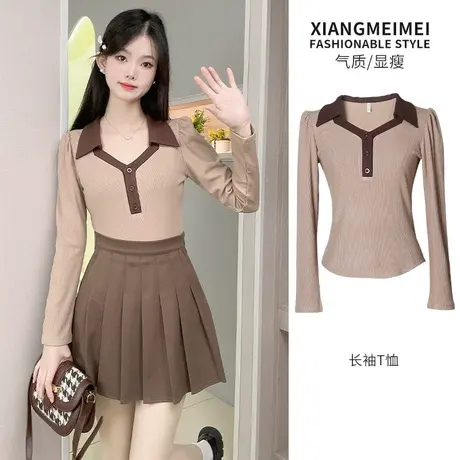 卡其色休闲针织衫短款长袖polo领翻领针织开衫女装修身打底上衣女商品大图