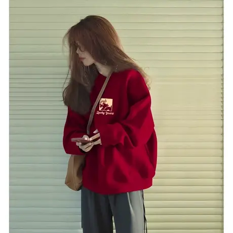 国潮新款酒红圆领卫衣女小个子秋冬美式复古宽松加绒加厚上衣外套商品大图