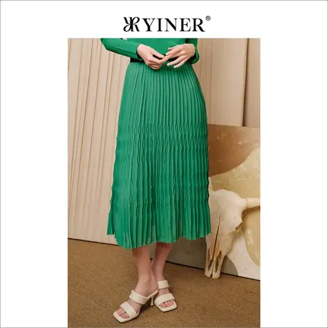 YINER音儿春季时尚优雅鱼鳞纹理百褶A字绿色过膝半身裙商品大图