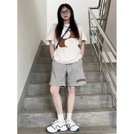 休闲短裤女夏季2023新款宽松百搭高腰直筒阔腿裤小个子运动裤ins商品大图