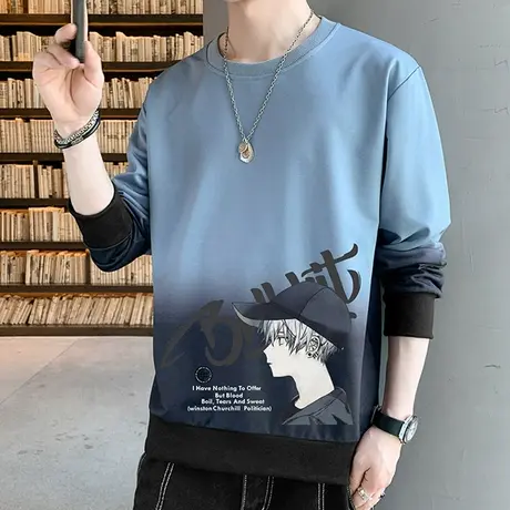 圆领长袖T恤男士秋季潮流渐变色宽松体恤打底衫秋衣个性卫衣男装商品大图