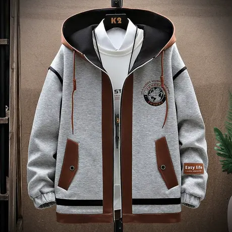 男士外套春秋款撞色拼接连帽夹克男装潮牌上衣青少年港风工装褂子商品大图