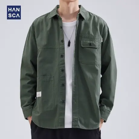 hansca工装衬衫男长袖春季新款纯棉日系复古大码宽松休闲衬衣外套商品大图