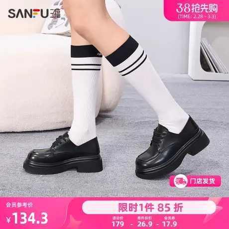 三福乐福鞋女新款经典学院小皮鞋厚底绑带踩脚两穿百搭单鞋822785商品大图