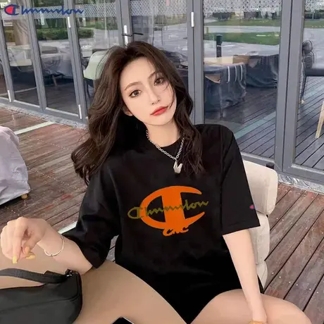 日版正品卖萌冠军潮牌印花短袖女夏季新款休闲宽松纯色字母T恤男图片