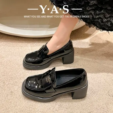 英伦皮鞋高跟鞋女2024秋季新款方头粗跟厚底拼色舒适复古百搭单鞋商品大图