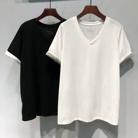 2024春夏 韩国ulzzang新款V领显瘦百搭袖子卷边宽松短袖T恤上衣女图片