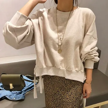 秋冬新款短款开叉系带蝴蝶结卫衣女短款韩版宽松大码时尚休闲上衣商品大图