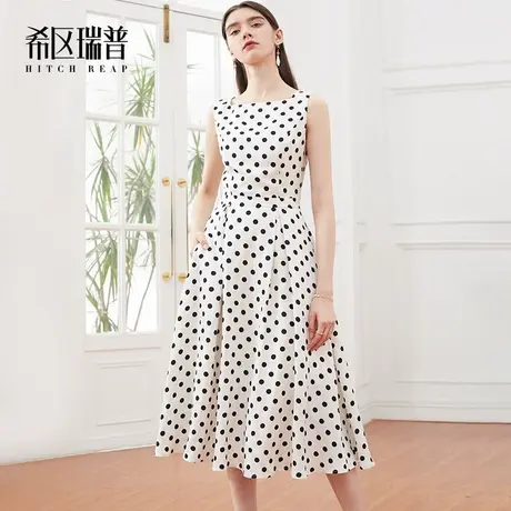 希区瑞普气质复古波点连衣裙2023夏季新款高级感无袖方领亚麻裙子图片