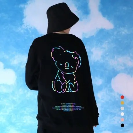 2023秋冬ins潮情侣款反光炸街小熊卫衣女男圆领上衣工作班服定制图片