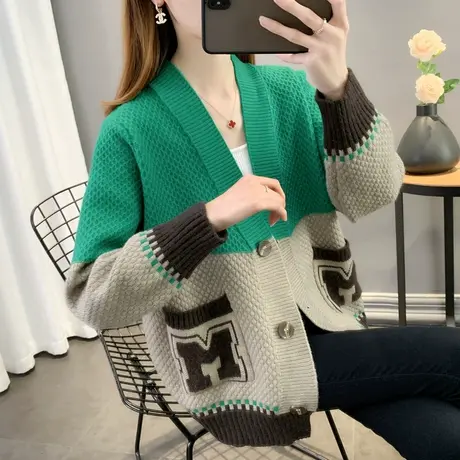 针织开衫女2023年春季新款韩版拼色百搭毛衣外套宽松口袋毛衣外搭商品大图