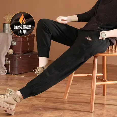 韩潮袭人松紧腰刺绣毛呢加绒运动裤女2023冬新款宽松显瘦束脚卫裤图片