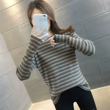 2021秋冬新款韩版圆领毛衣女套头条纹洋气针织衫女打底内搭上衣女商品大图