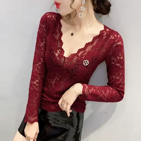 春秋气质女装性感镂空V领蕾丝衫女长袖洋气上衣紧身百搭打底衫女商品大图